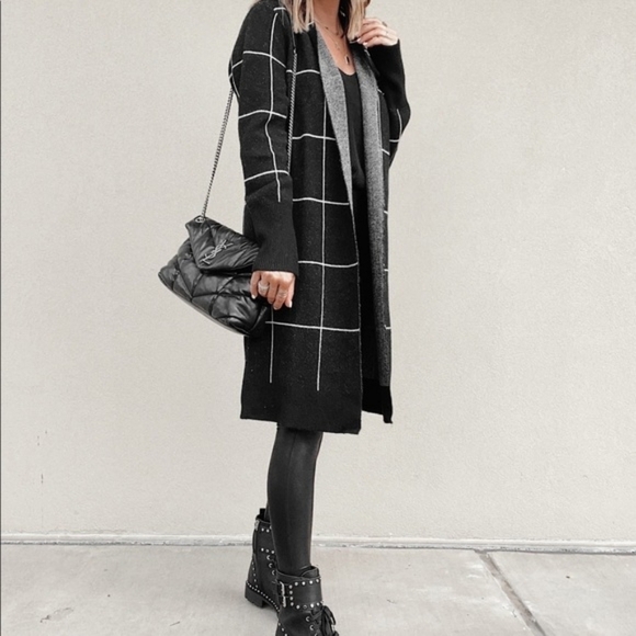 New Leith Knit Window Pane Cozy Long Sleeve Stripe Cardigan Size XS Women Black - Picture 3 of 14